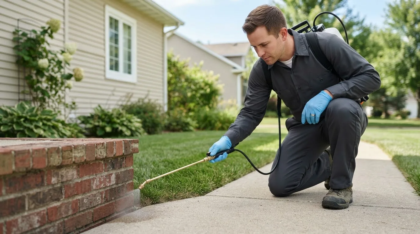 Pest control technician treating a home near Monticello, ME