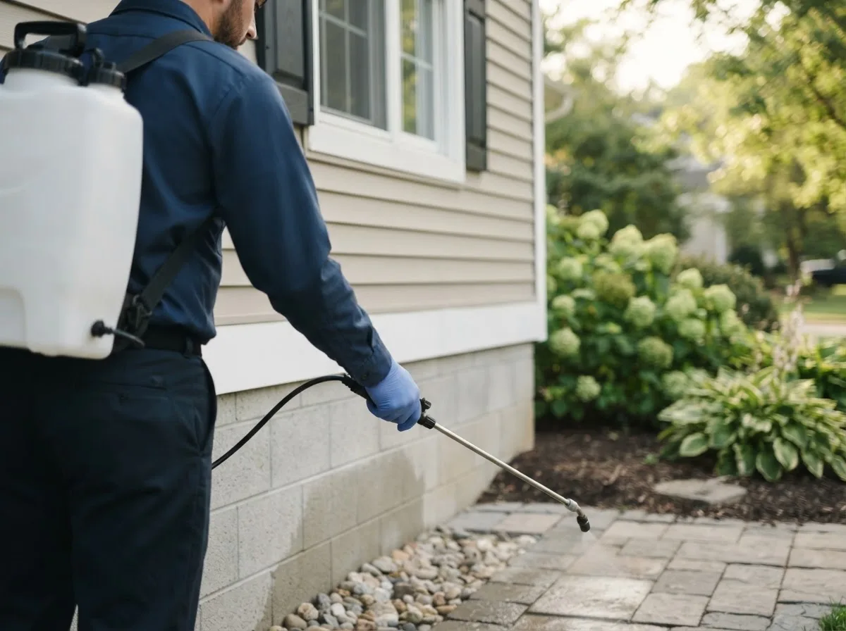 Pest control technician inspecting a home in Monticello, ME